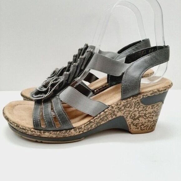 RIEKER Roberta Women's Wedge Sandal Gray Zipper Rosette Sz Eur 37 US 6 - Picture 4 of 13